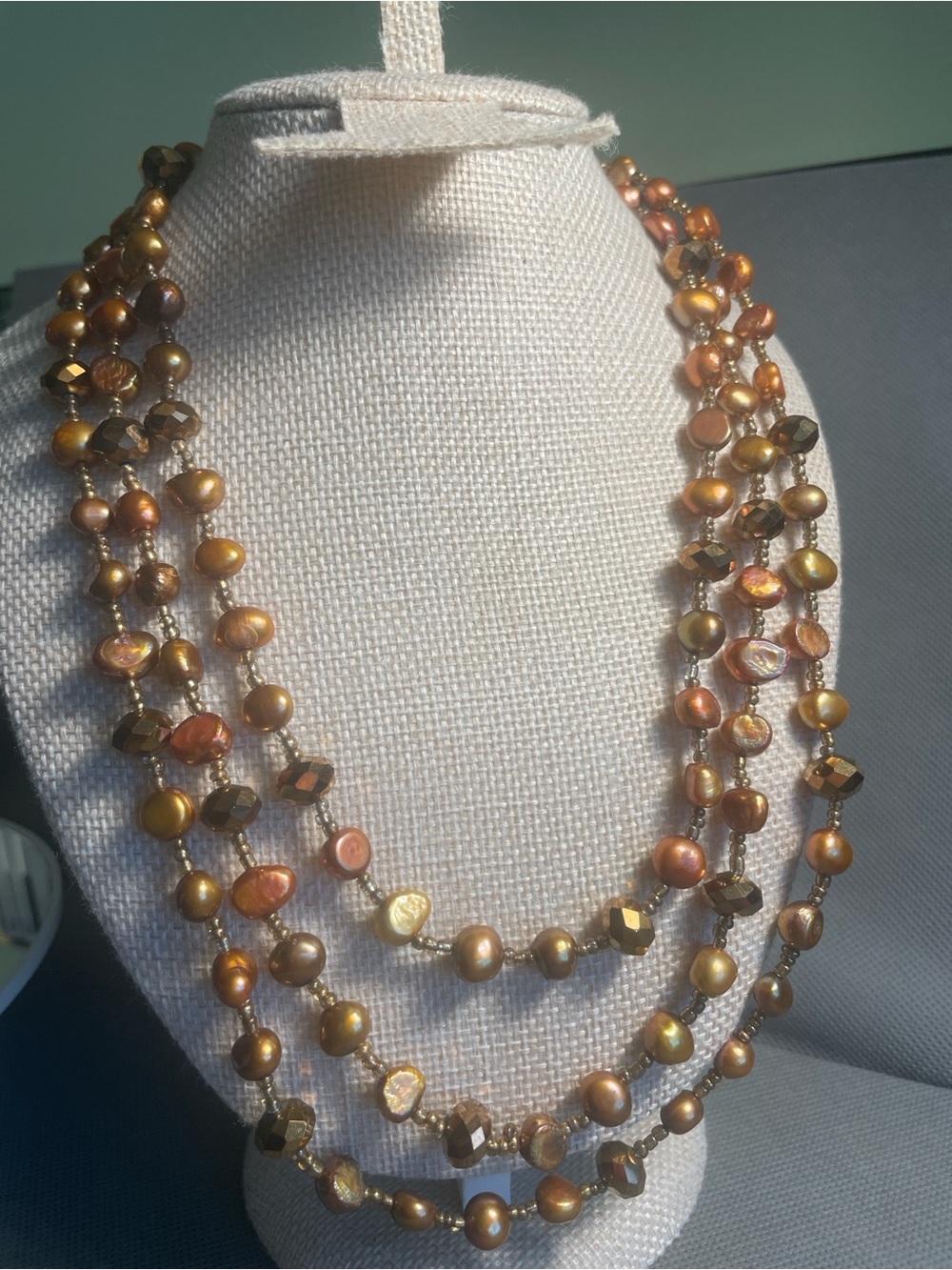 Multi-Strand Golden Bronze genuine freshwater Pearl & faceted bead necklace 22”